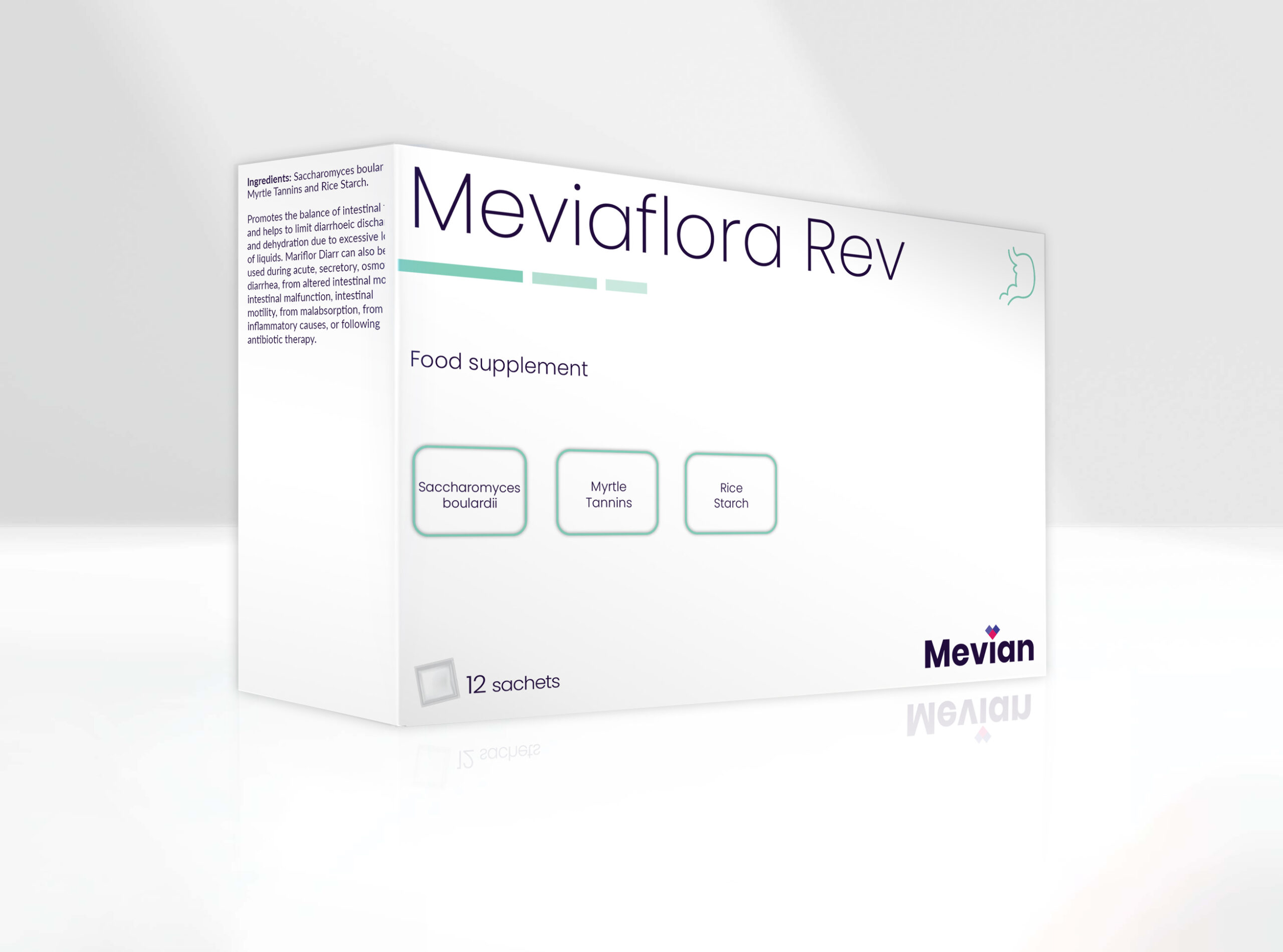 Meviaflora Rev promotes the balance of intestinal flora and helps to limit diarrhoeic discharges and dehydration due to excessive loss of liquids, like acute and/or recurrent diarrhea.