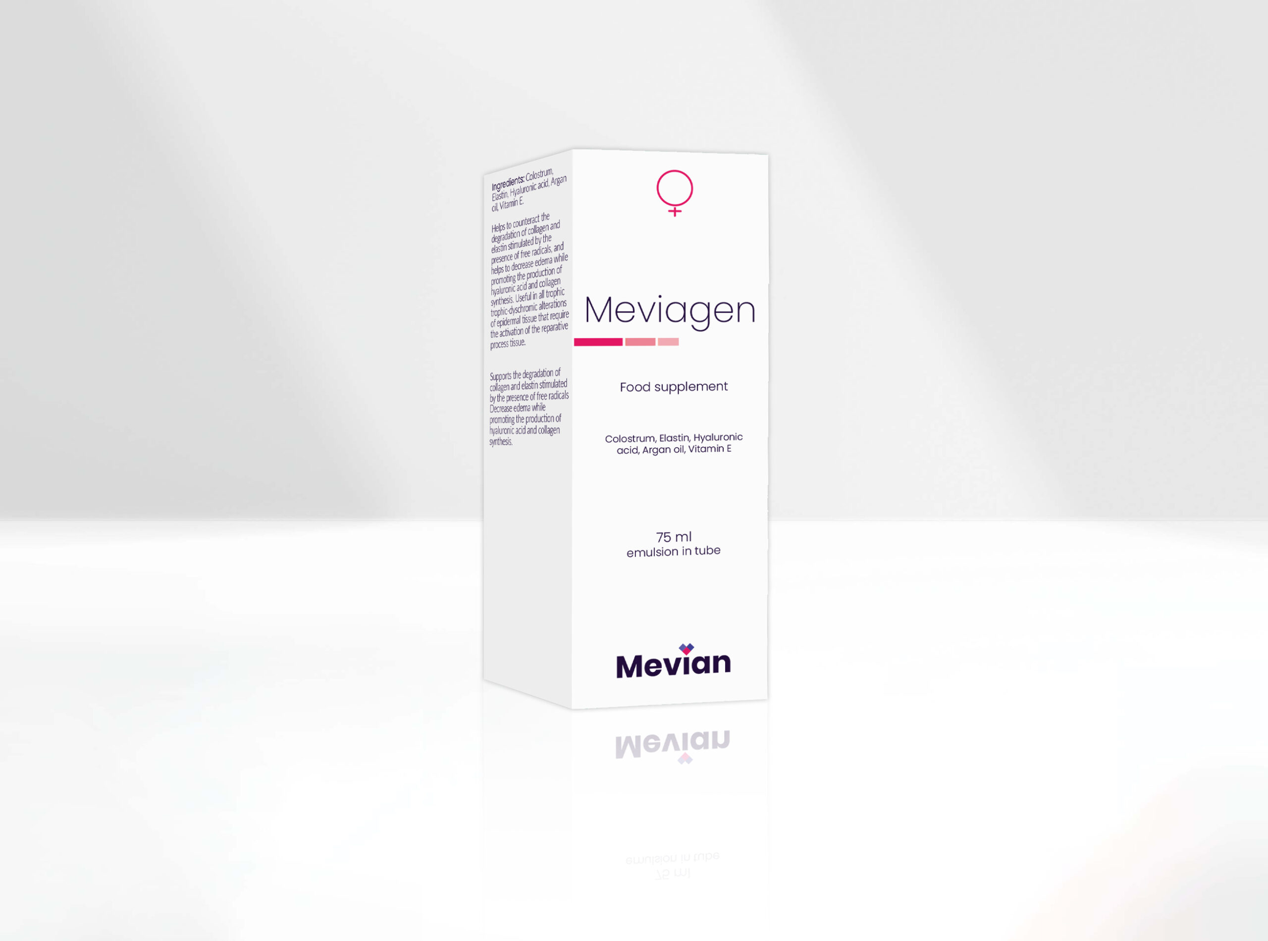 ''Meviagen Counteracts the degradation of collagen and elastin stimulated by the presence of free radicals, and helps to decrease edema while promoting the production of hyaluronic acid and collagen synthesis.''