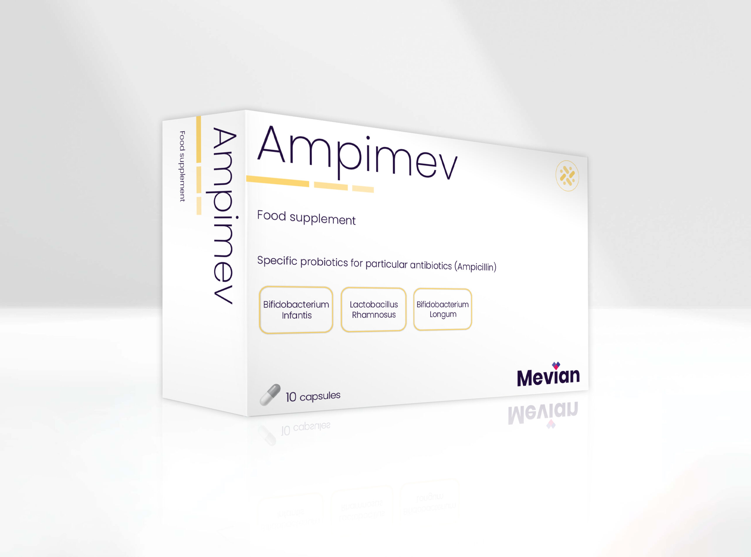 Ampimev is a novel approach in Antibiotic-Associated Side Effects (Diarrhoea, other, etc.) with strains selected for a particular group of antibiotics (Ampicillin) based on probiotic strains' sensitivity to antibiotic activity.