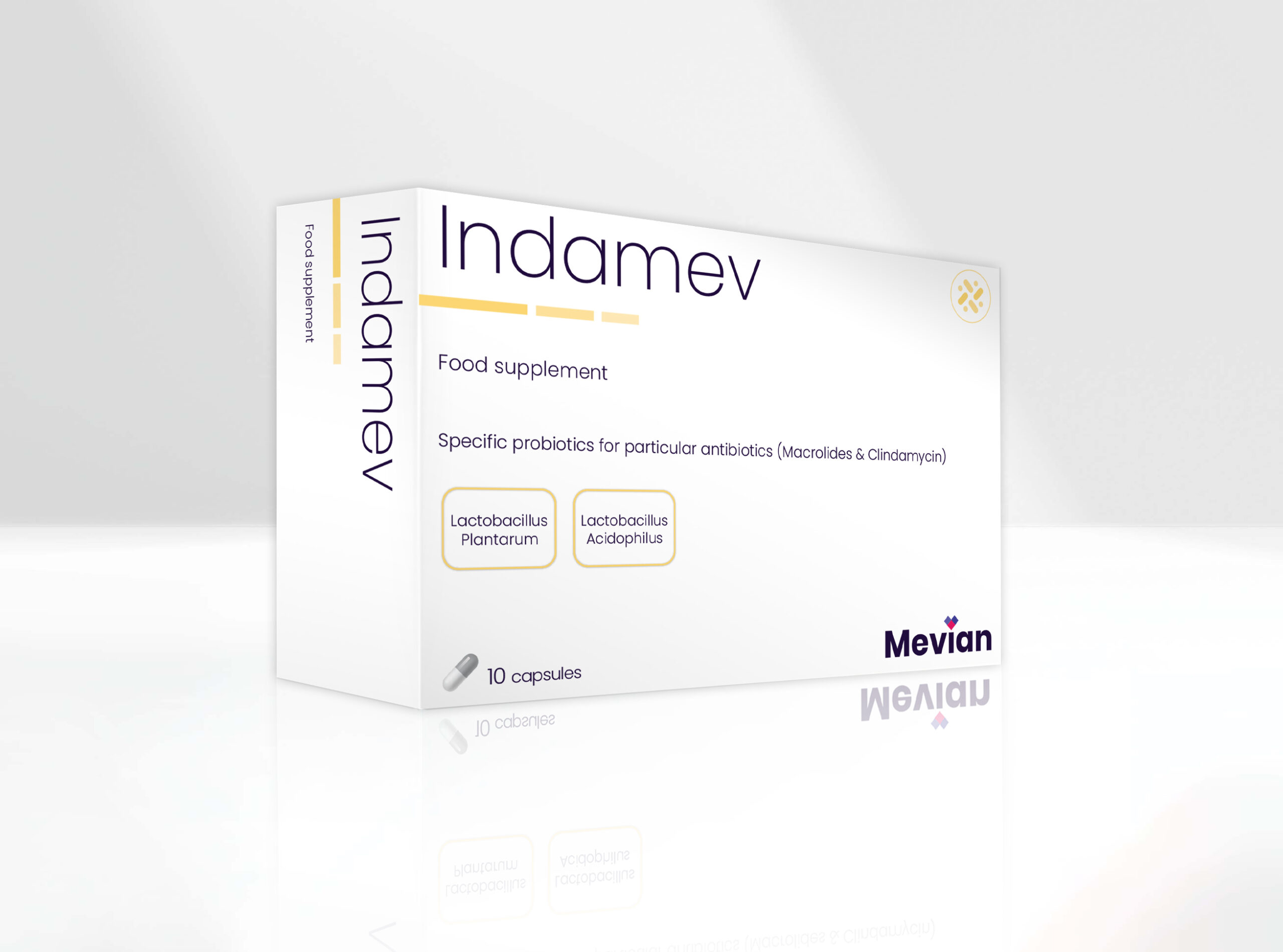 Indamev is a novel approach in Antibiotic Associated Diarrhoea with strains selected for a particular group of antibiotics (Macrolides & Clindamycin) based on probiotic strains' sensitivity to antibiotic activity.