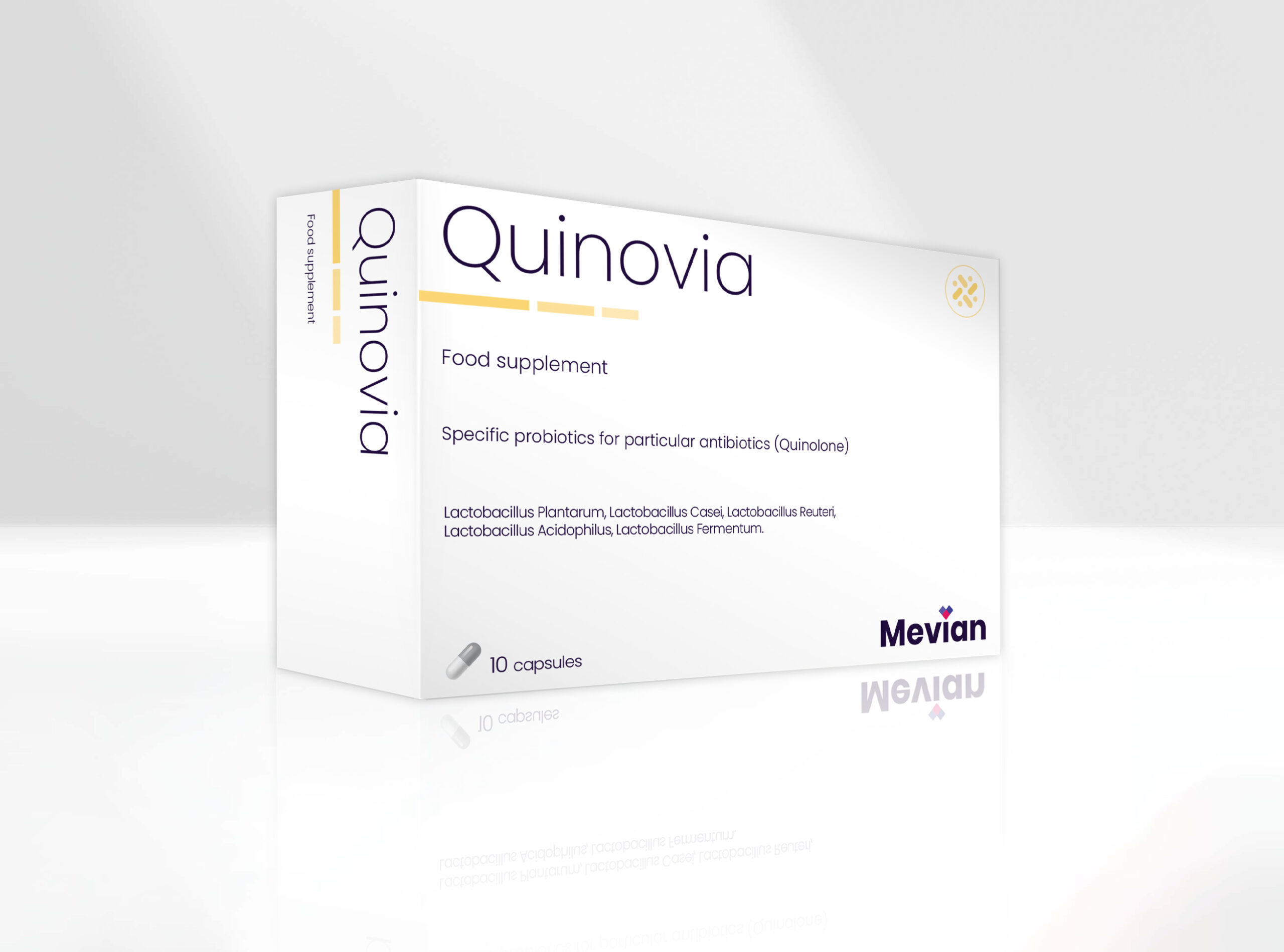 Quinovia is a novel approach in Antibiotic-Associated Side Effects (Diarrhoea, other, etc.) with strains selected for a particular group of antibiotics (Quinolones) based on probiotic strains' sensitivity to antibiotic activity.